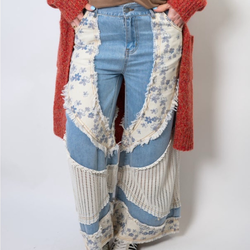 POL Blue and Cream Flare Jeans
